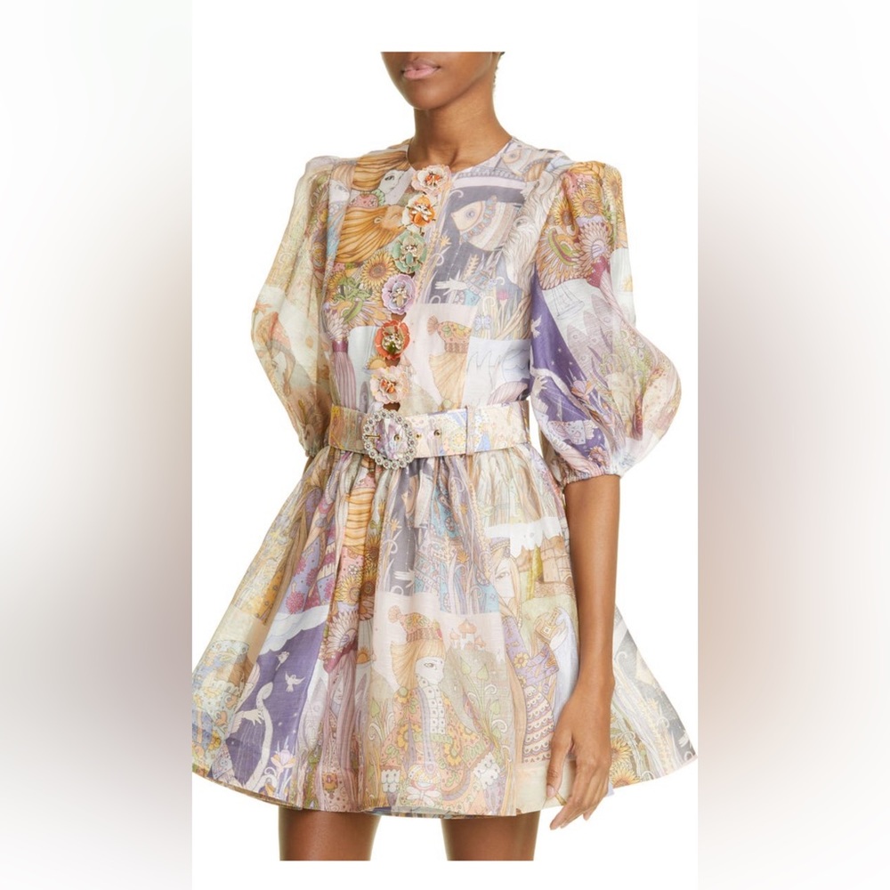 Zodiac Print Puff Sleeve Linen & Silk Minidress